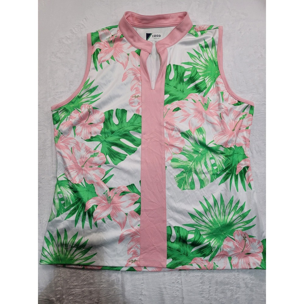 NTW IZOD Golf Sleeveless Polo Women XL Pink Green Tropical Floral Split Neck